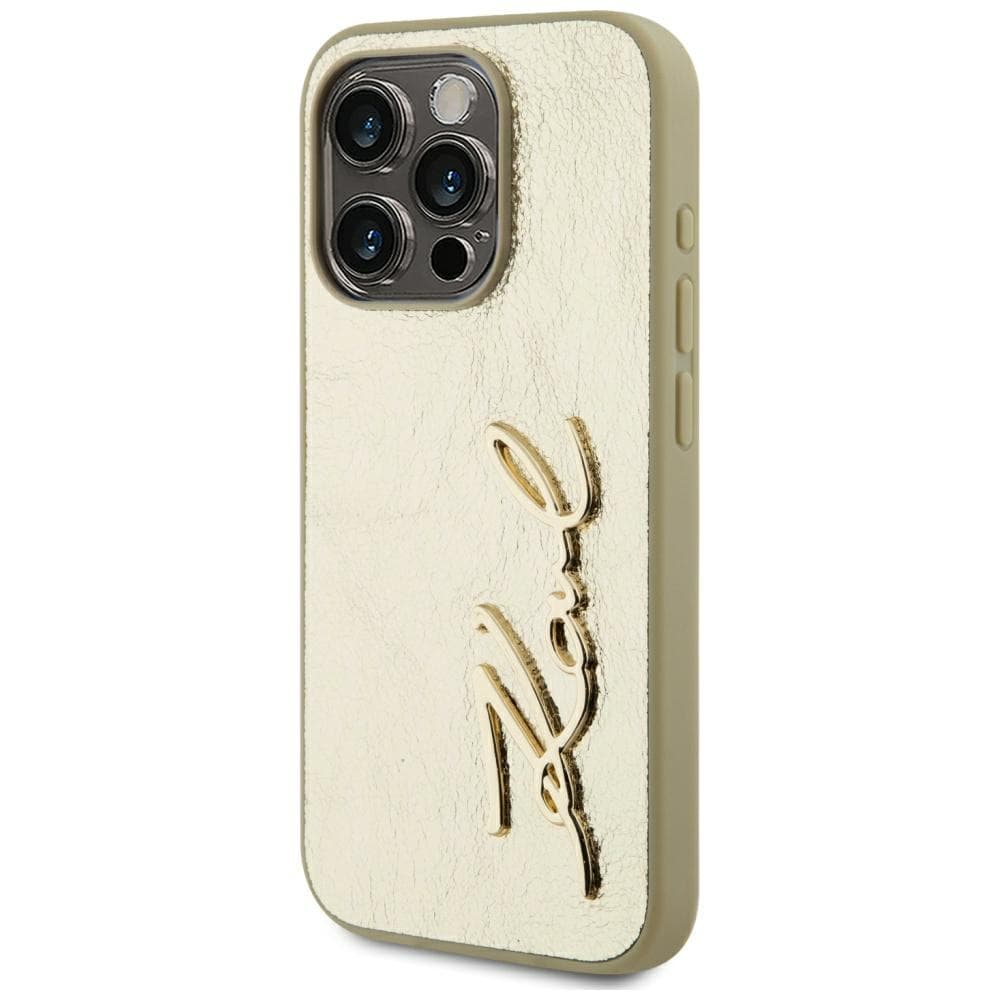 Karl Lagerfeld Hardcase Leather iPhone 15 Pro Zlatý Metalický Podpis - náhled 4