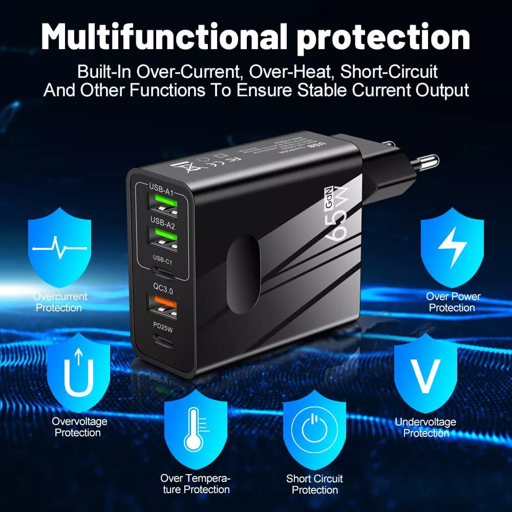 Techsuit Premium Wall Charger PentaXPower 3x USB 2x Type-C PD 25W 65W GaN Rychlé Nabíjení Černá - náhled 4