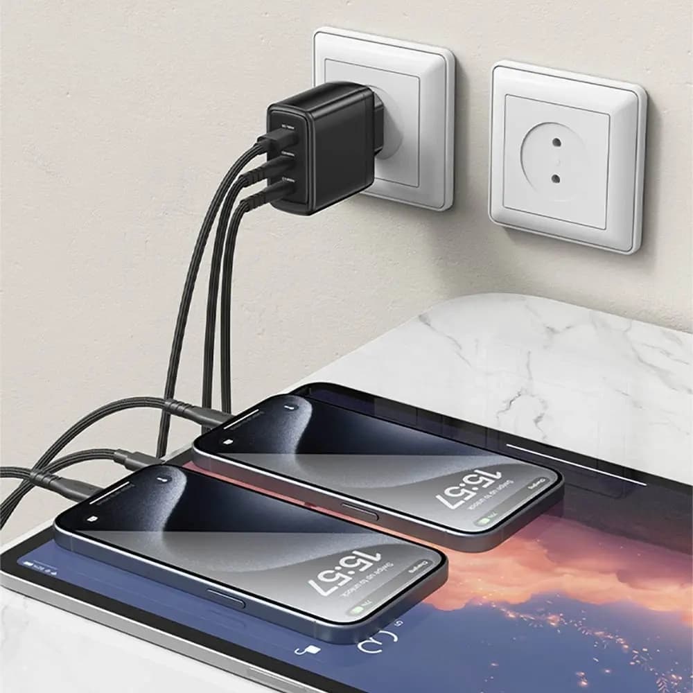Yesido Wall Charger YC144C GaN Rychlonabíječka pro Telefon Tablet USB 2x Type-C PD65W QC18W USB-C Kabel 1m Černá - náhled 4