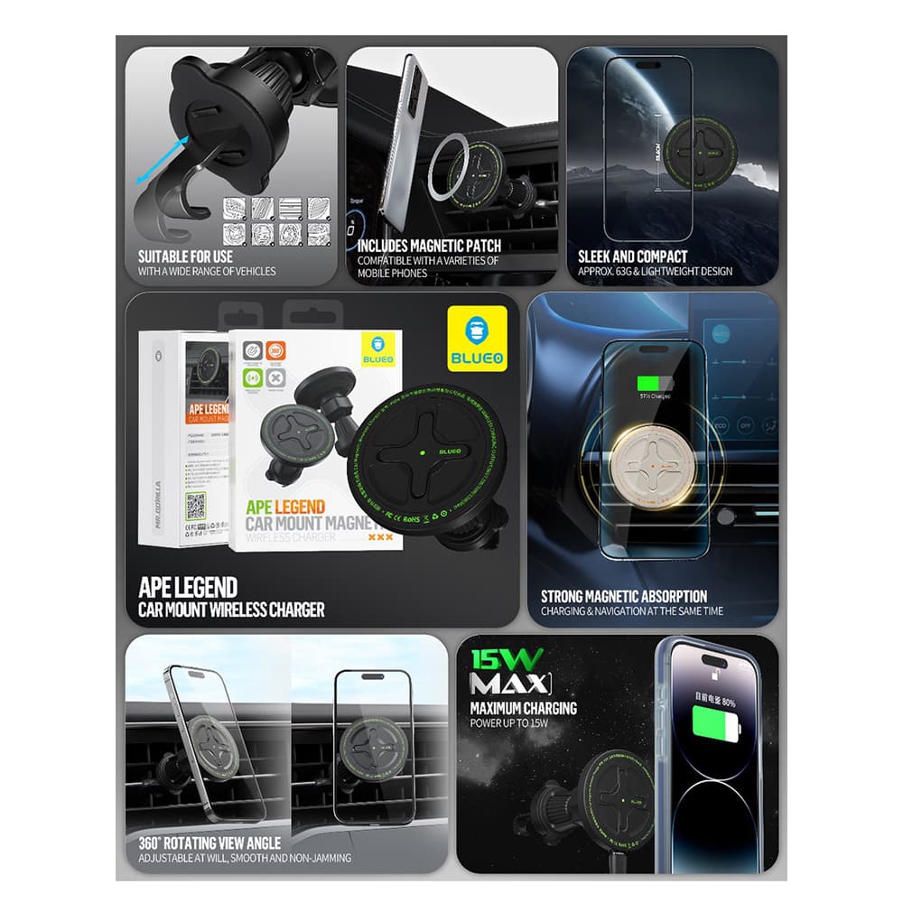 Blueo držák do auta s bezdrátovým nabíjením Ape Legend pro ventilaci Type-C 15W 360° černý - náhled 4
