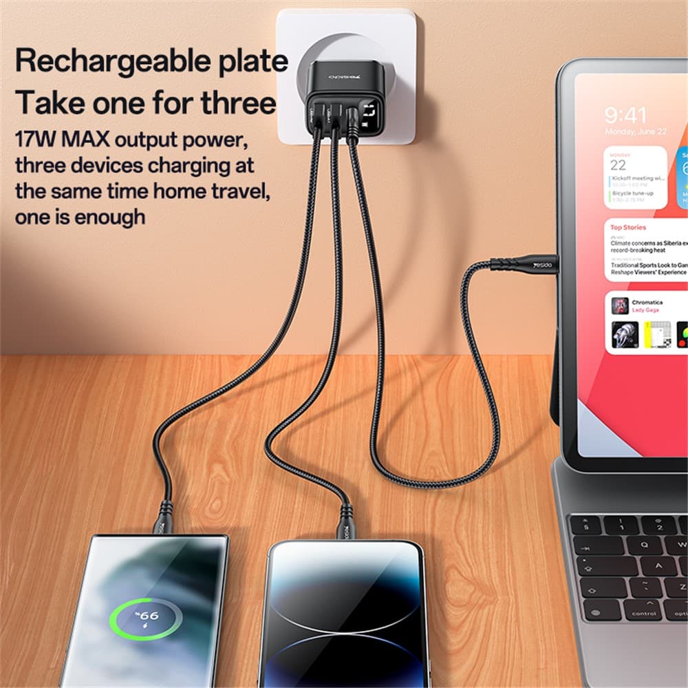 Yesido - nástěnná nabíječka (YC67) - s digitálním displejem, rychlé nabíjení, pro telefon, tablet, 3v1, 2x USB, Type-C, 17W - černá - náhled 4