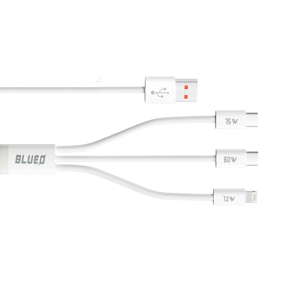 Blueo 3v1 datový kabel USB-A na 2x Type-C Lightning rychlé nabíjení opletený bílý - náhled 4