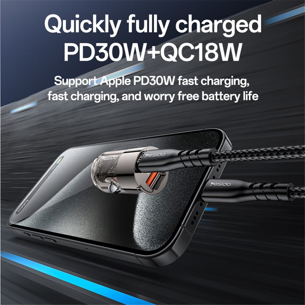 Yesido Hidden Car Charger Y68 Dvouportová USB-A + Type-C PD30W Hliník Rychlé nabíjení Černá - náhled 4