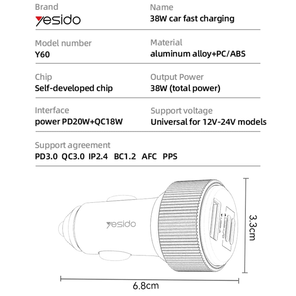 Yesido Car Charger Y60 s kabelem Type-C na Lightning černá 38W rychlé nabíjení - náhled 4