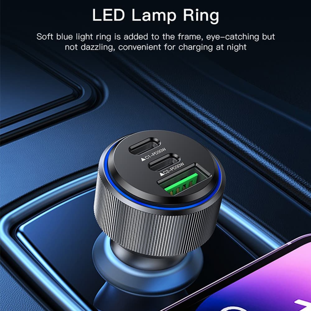 Yesido - Autonabíječka (Y50) - 2x Type-C, USB, Rychlé nabíjení, 60W, LED prstenec, Čip pro kontrolu teploty - Černá - náhled 4