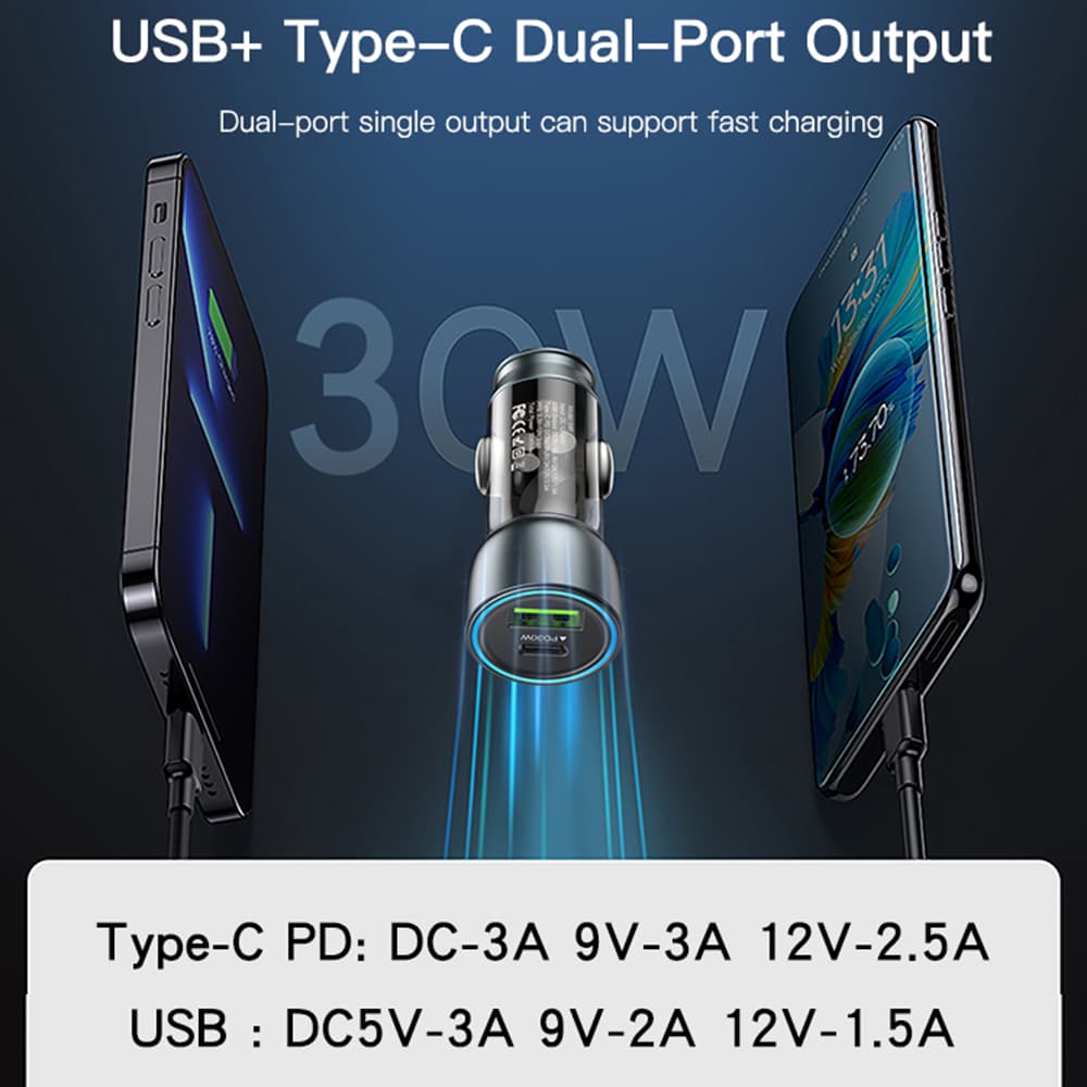 Yesido Car Charger Y49 USB-A Type-C LED světelný efekt rychlé nabíjení 30W šedá - náhled 4