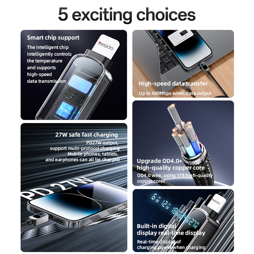 Yesido Data Cable CA180 Super rychlé nabíjení s displejem Type-C 1.2m černá - náhled 4