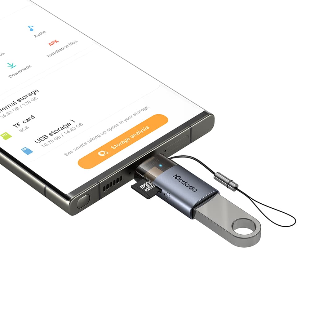 Mcdodo - OTG adaptér 2v1 (OT-7600) - USB na USB-C, vestavěná čtečka karet, nabíjení a data, 5Gbps, modré světlo, poutko - černý - náhled 4