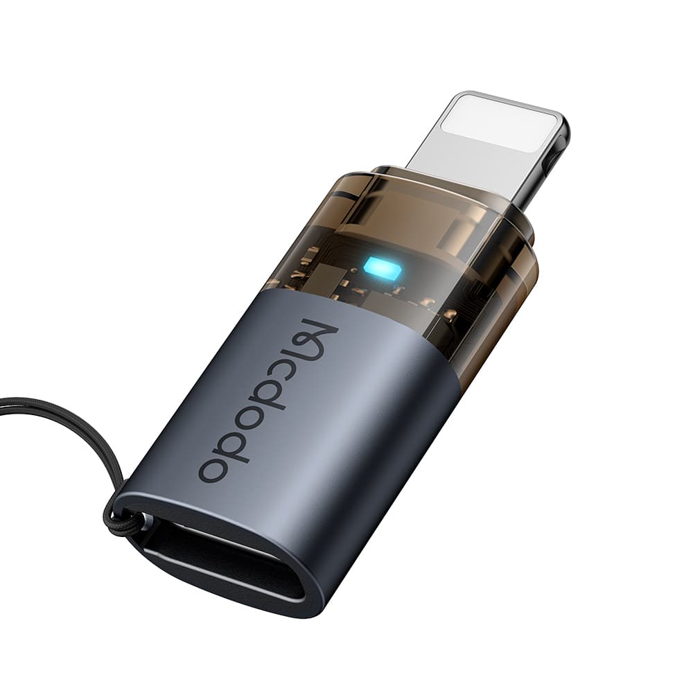 Mcdodo - OTG adaptér (OT-7630) - USB-C na Lightning, hliníková slitina, nabíjení a synchronizace dat, 36W, modré světlo, šňůrka - černá - náhled 4