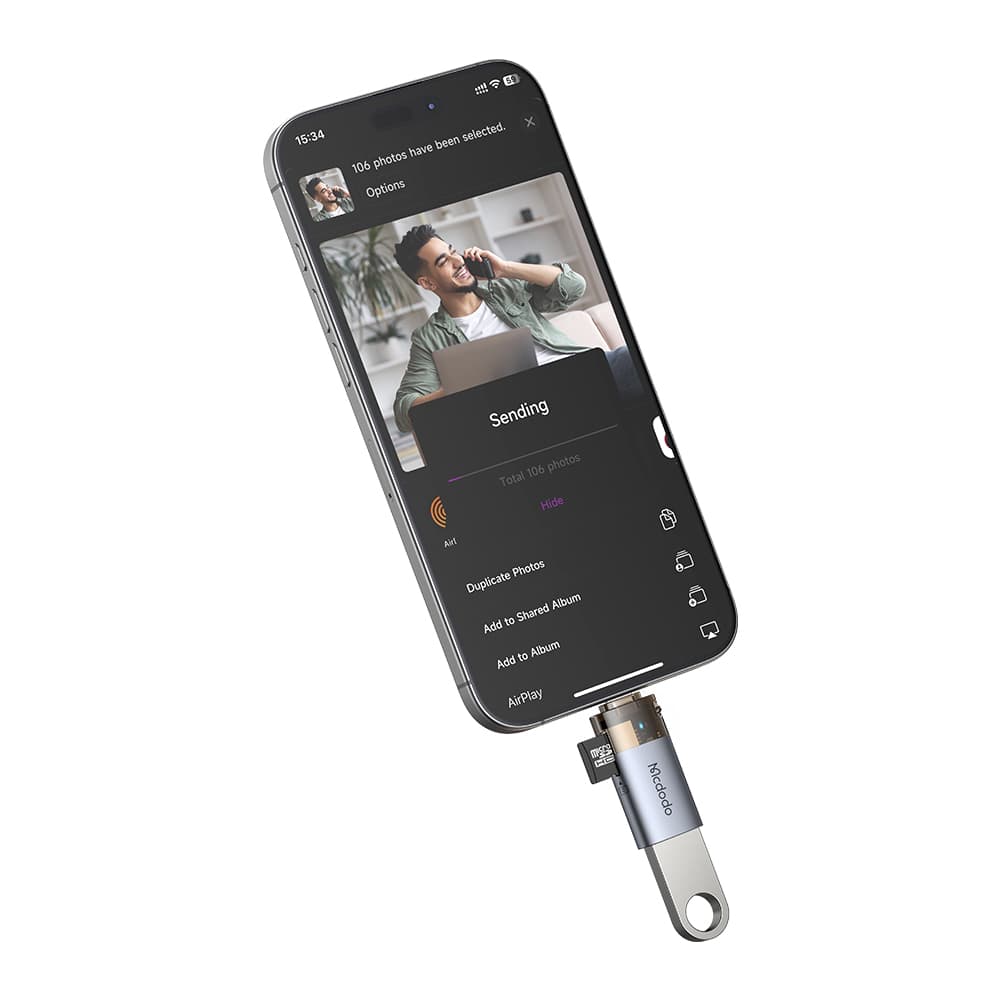 Mcdodo - OTG adaptér (OT-7850) - USB na Lightning, se čtečkou TF karet, rychlý přenos dat, 480 Mb/s, LED, poutko - černý - náhled 4