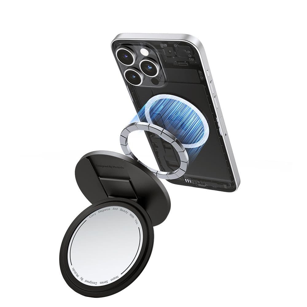 Mcdodo - skládací magnetický stojánek na telefon 2 v 1 (MR-7912) - s vestavěným kosmetickým zrcátkem, kůže - černá - náhled 4