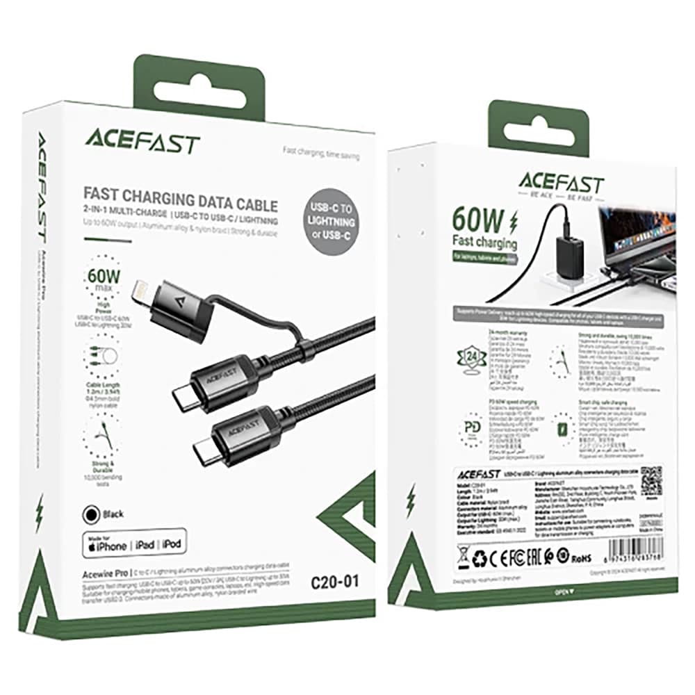 Acefast Data Cable C20-01 USB-C na Type-C Lightning 60W rychlé nabíjení odolný proti ohybu MFi certifikovaný 1.2m černý - náhled 4