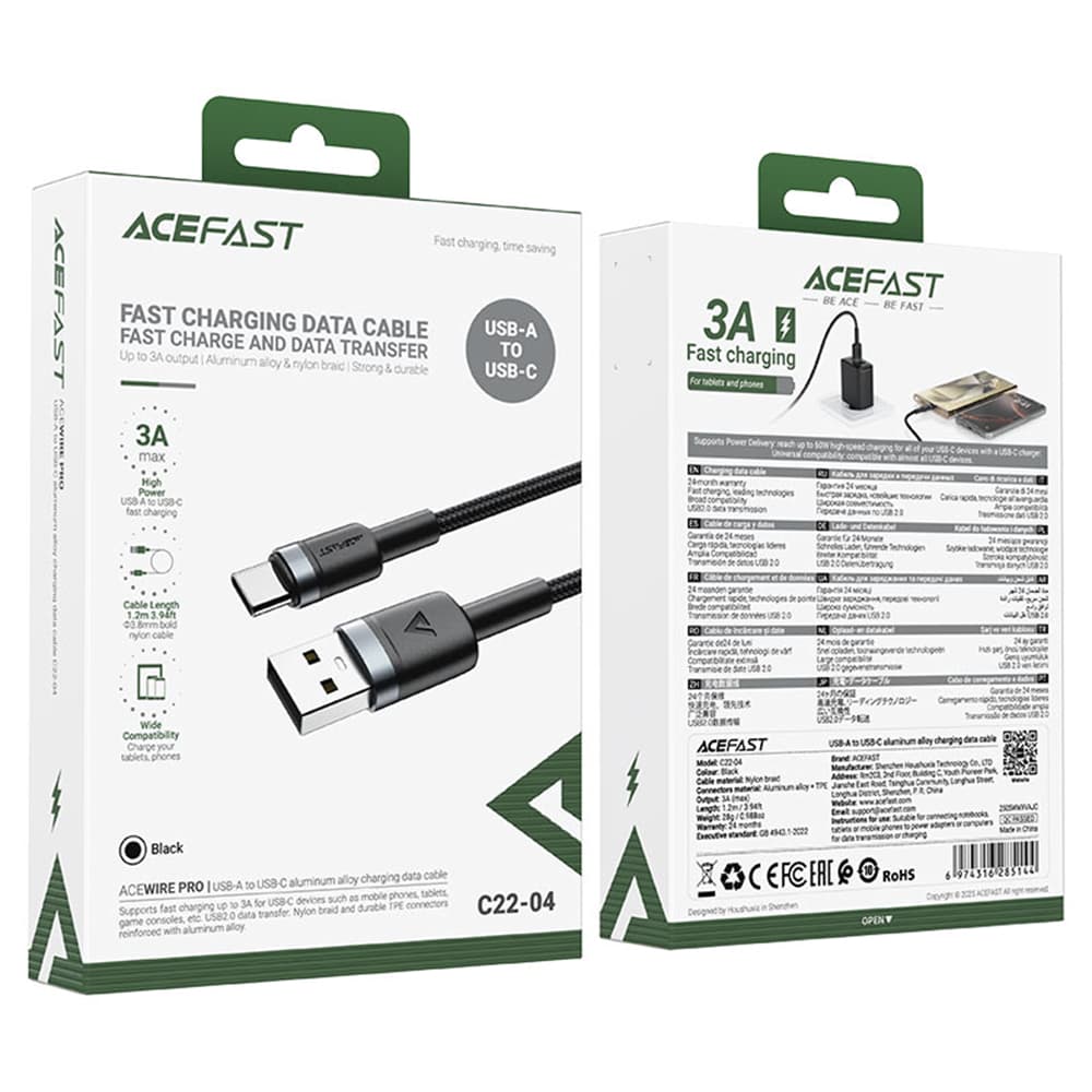 Acefast Data Cable C22-04 Rychlonabíjecí USB na Type-C 3A 1.2m černý - náhled 4