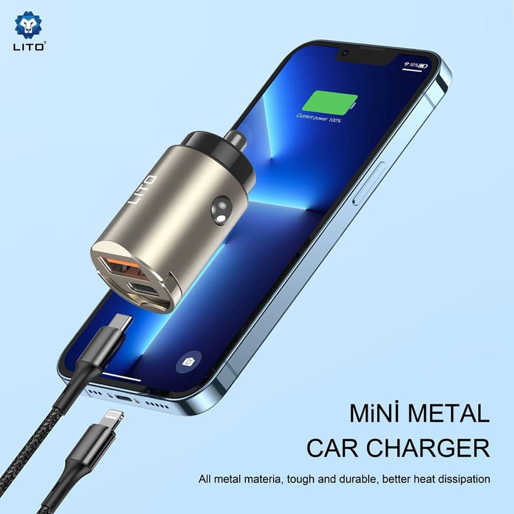 Lito Car Charger IN-C03 1x USB 1x Type-C 30W Rychlé nabíjení Gunmetal - náhled 4
