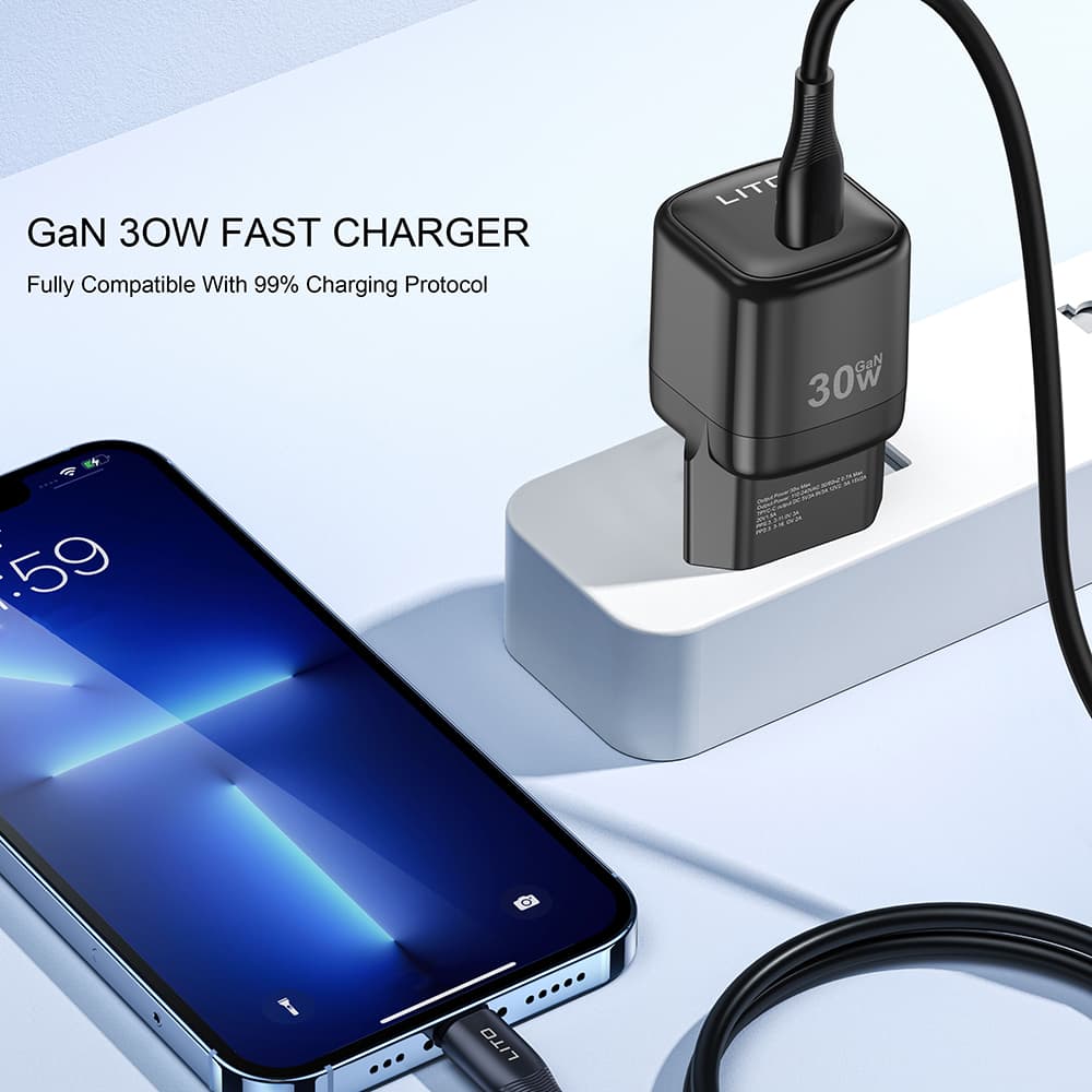 Lito Wall Charger LC11 Type-C výstup PD30W GaN ochrana EU zástrčka černá - náhled 4