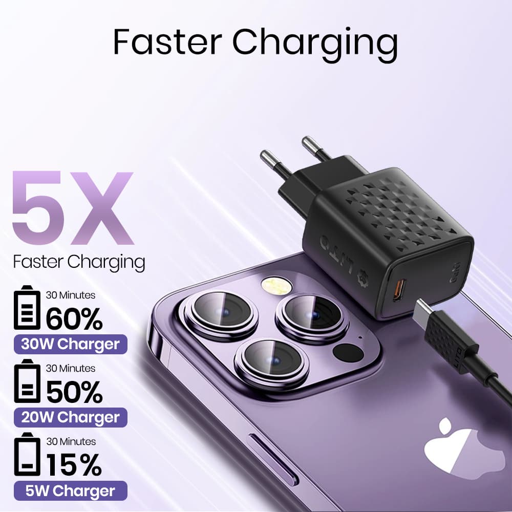 Lito Wall Charger LC17L s Lightning kabelem Type-C výstup PD30W GaN EU černá - náhled 4