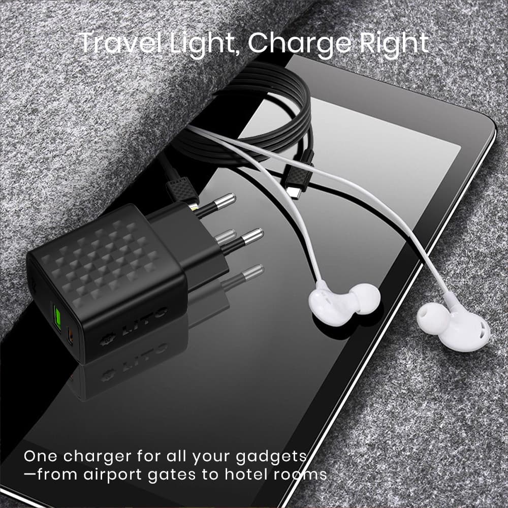 Lito Wall Charger LC15L s Lightning kabelem Type-C USB výstup PD20W GaN EU zástrčka černý - náhled 4