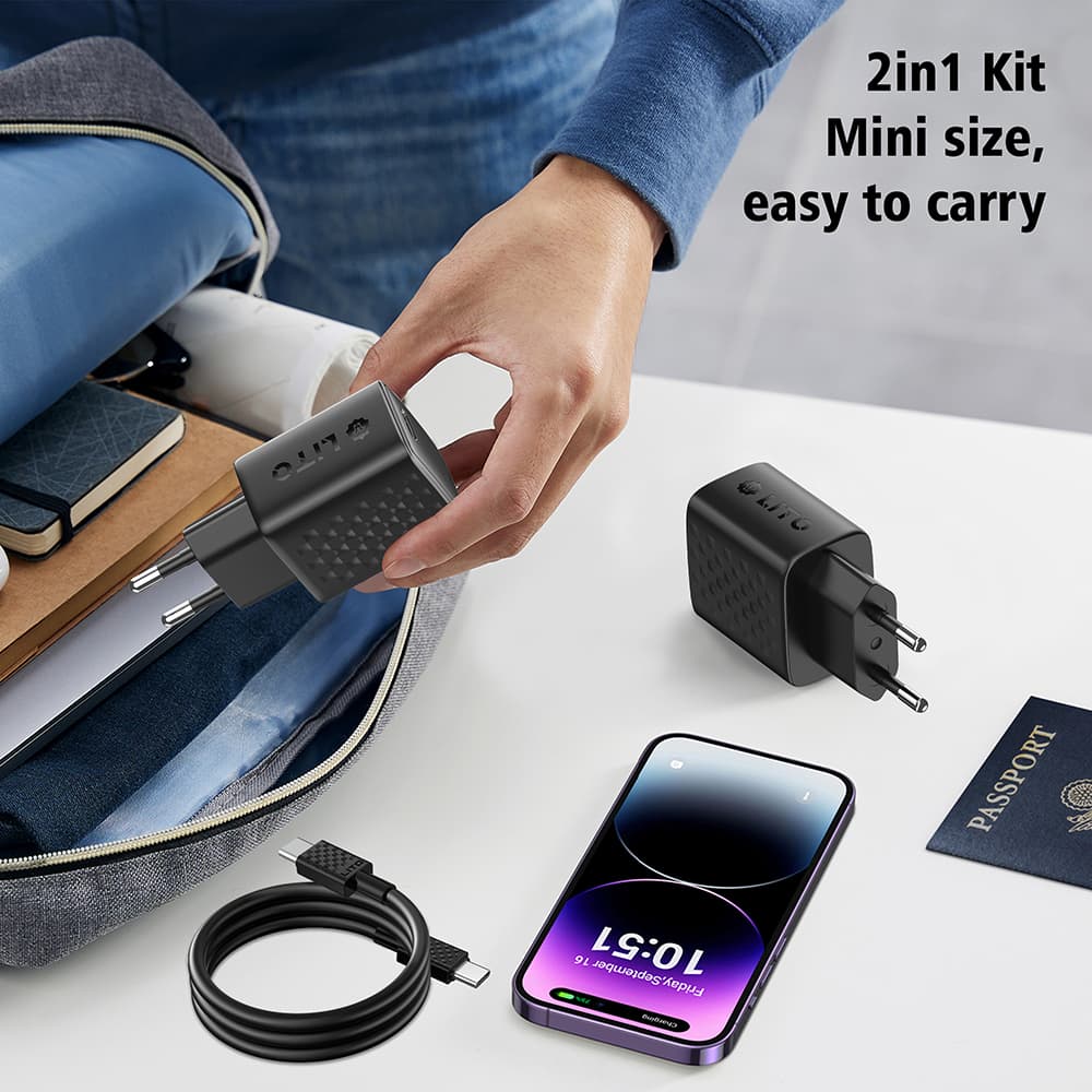 Lito Wall Charger LC13T s kabelem Type-C Type-C PD20W GaN PC ohnivzdorný EU zástrčka černý - náhled 4