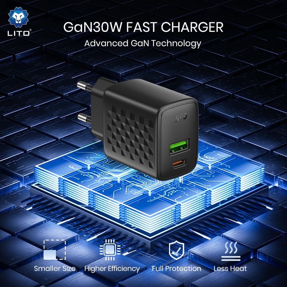 Lito Wall Charger LC19 Type-C USB výstup PD30W GaN PC nehořlavý EU zástrčka černá - náhled 4