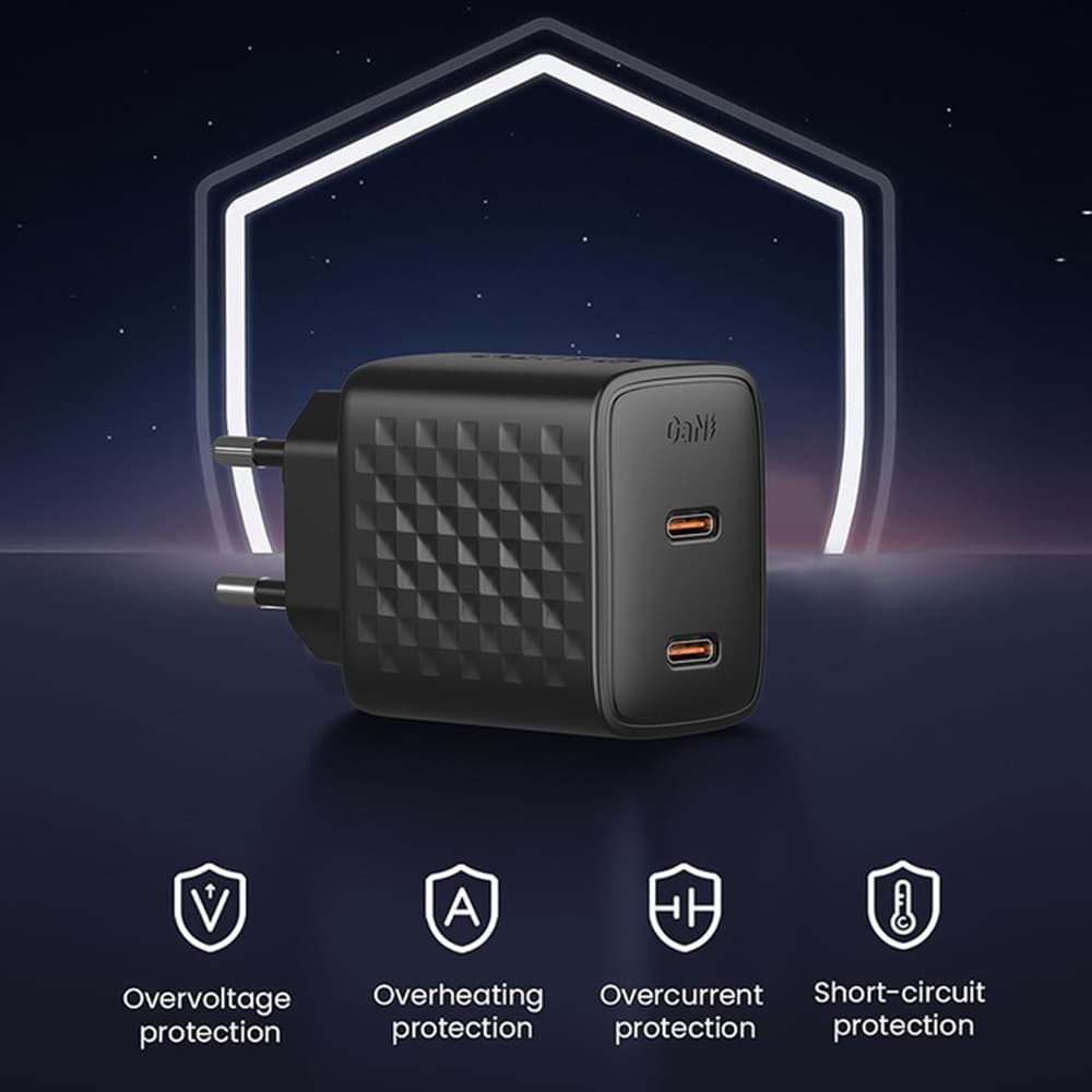 Lito Wall Charger LC22 2x Type-C výstup PD45W GaN PC nehořlavý EU zástrčka černá - náhled 4
