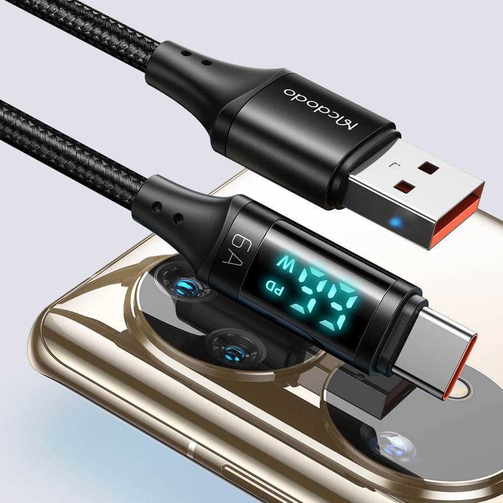 Mcdodo – datový kabel (CA-1080) – USB 2.0 na Type-C, s digitálním displejem, nylonové opletení, hliníková slitina, 6A, 1,2m – černý - náhled 4
