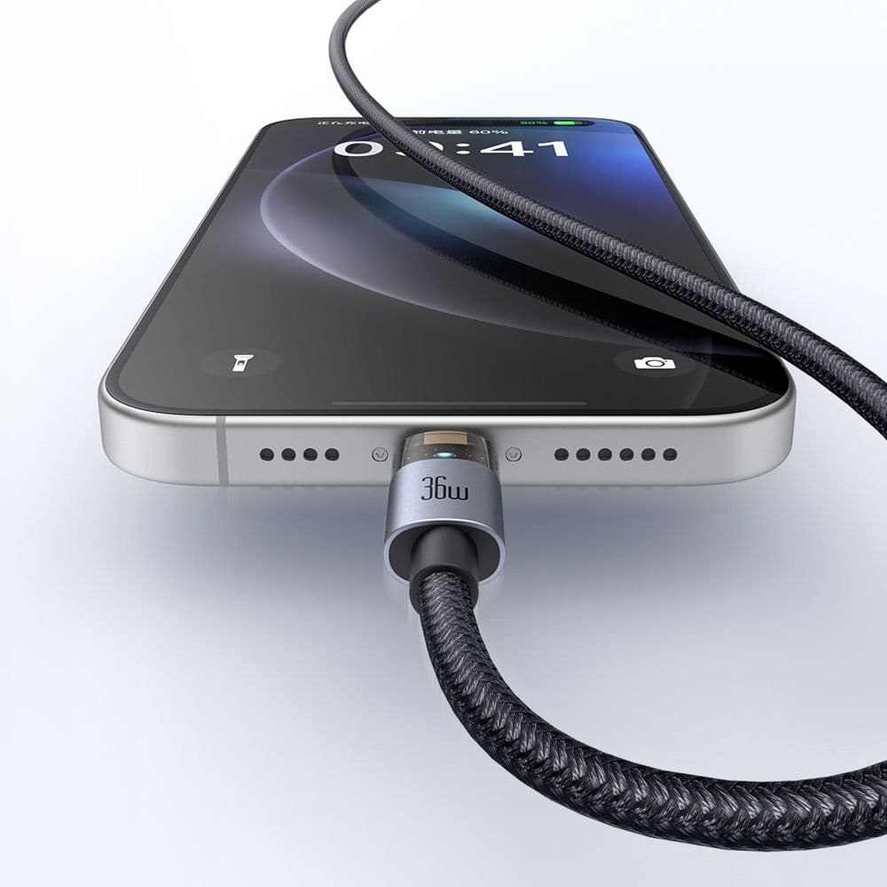 Mcdodo – datový kabel (CA-6940) – s nabíjecím světlem, USB-C na Lightning, průhledný kabel, 36W, 1,2m – černý - náhled 4