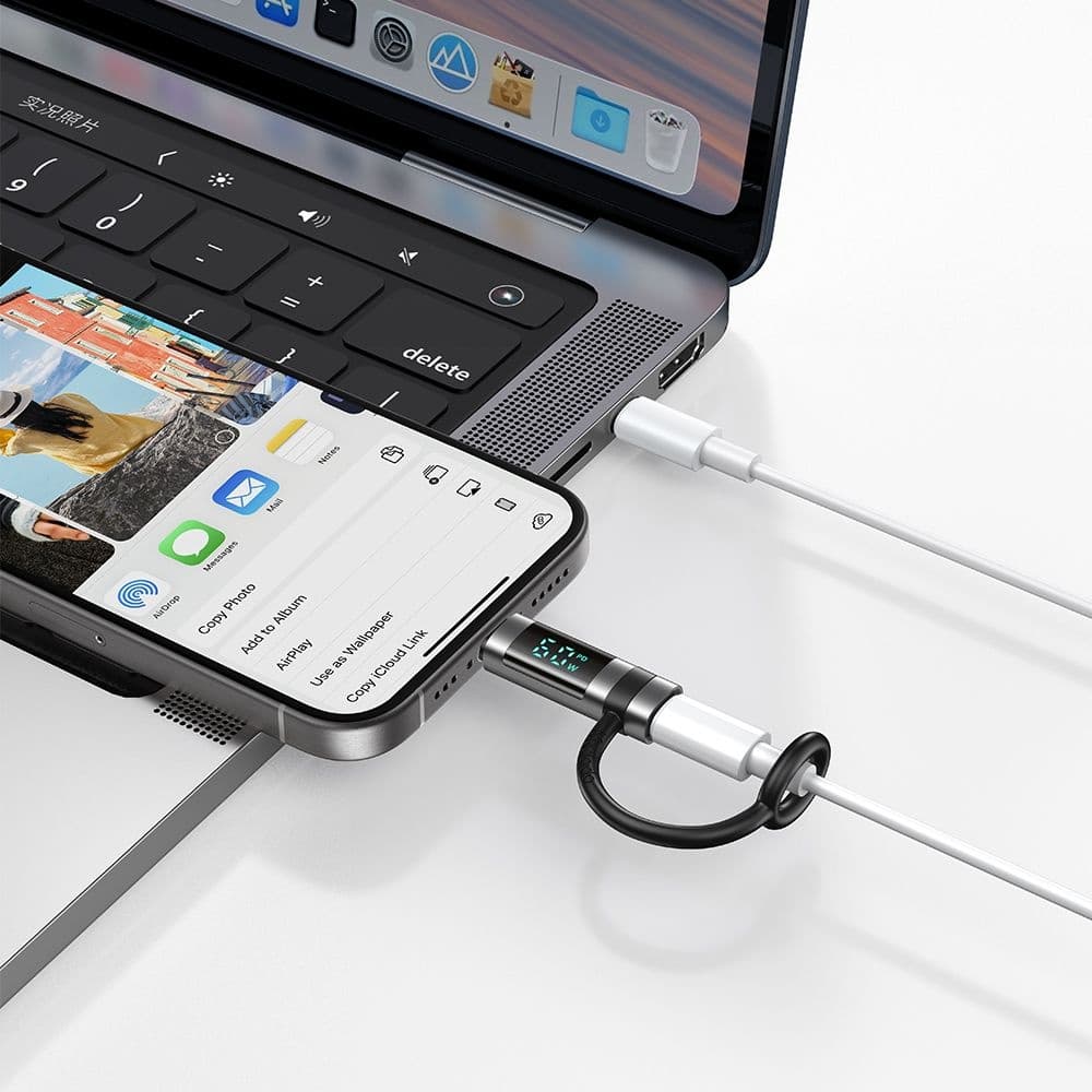 Mcdodo – adaptér řady Pigeon (OT-0180) – silikonový háček, hliníková slitina, lightning na USB-C, 60W, HD LED displej – černý - náhled 4