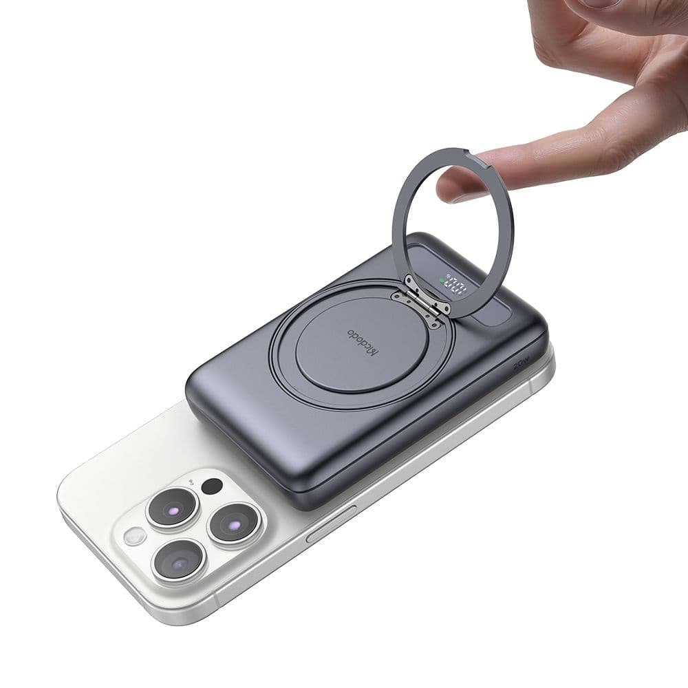 Mcdodo – magnetická powerbanka Meta Series (MC-8371) – vestavěný 360° kruhový stojánek, 10000mAh, 20W, digitální displej – tmavě šedá - náhled 4
