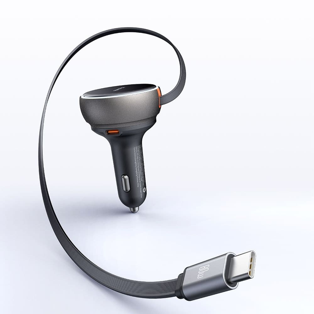 Mcdodo – nabíječka do auta (CC-4850) – s výsuvným kabelem USB-C, 80W, duální port, světelný indikační kroužek, 80cm – černá - náhled 4
