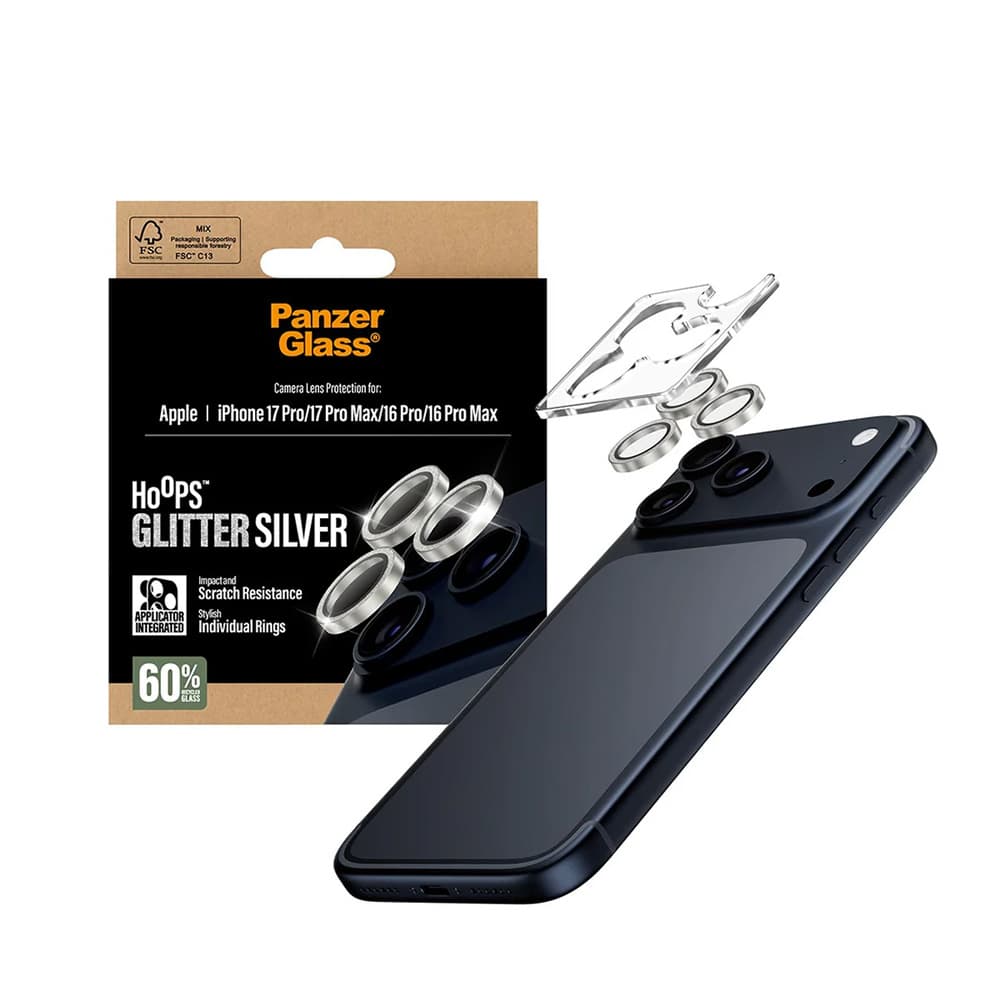 PanzerGlass® Hoops® ochrana čočky kamery iPhone 17/16 Pro/Pro Max stříbrná třpytivá - náhled 4
