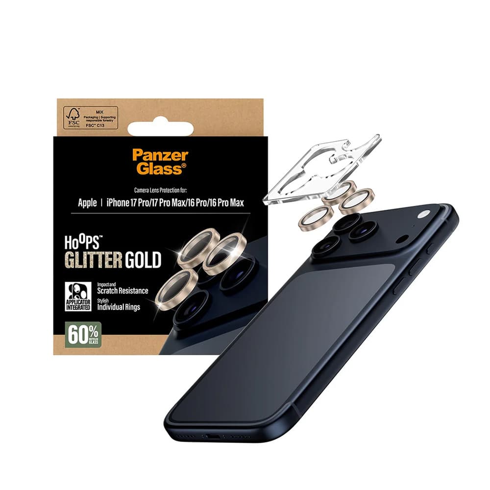 PanzerGlass® Hoops® ochrana čočky fotoaparátu iPhone 17/16 Pro/Pro Max zlatá třpytivá - náhled 4