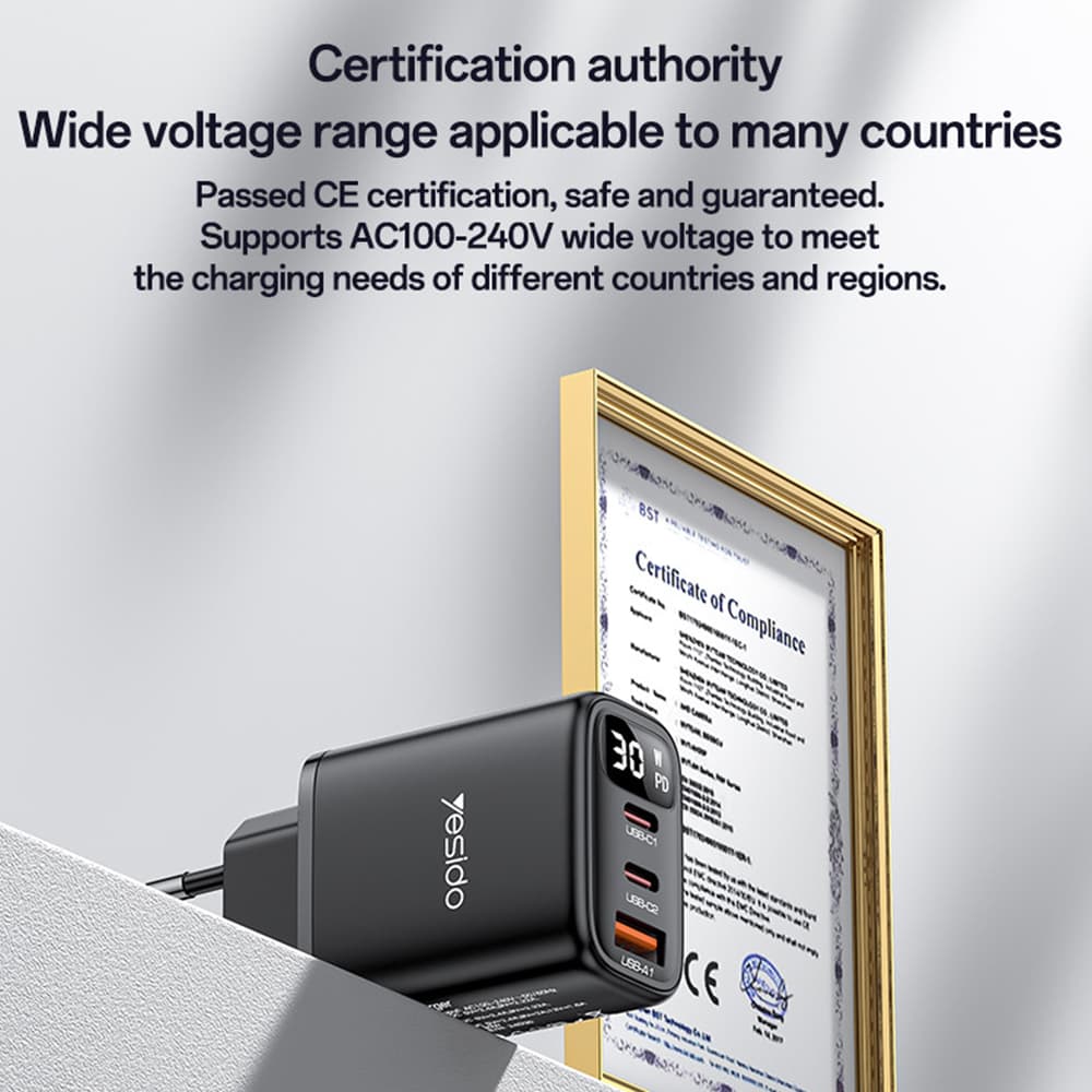 Yesido Wall Charger YC69 s digitálním displejem rychlonabíječka černá - náhled 4