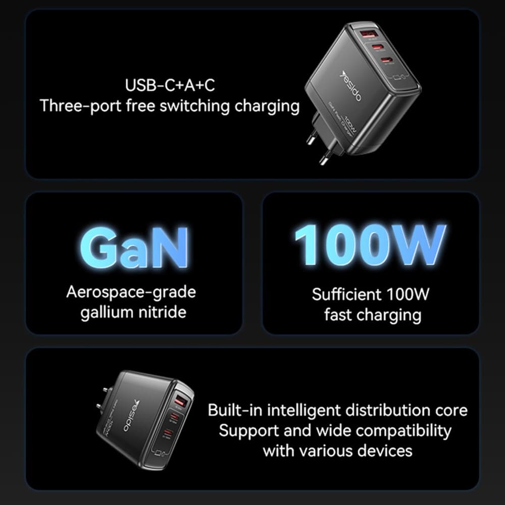 Yesido Wall Charger YC142 GaN rychlonabíječka 3v1 pro telefon notebook tablet USB 2x Type-C 100W černá - náhled 4