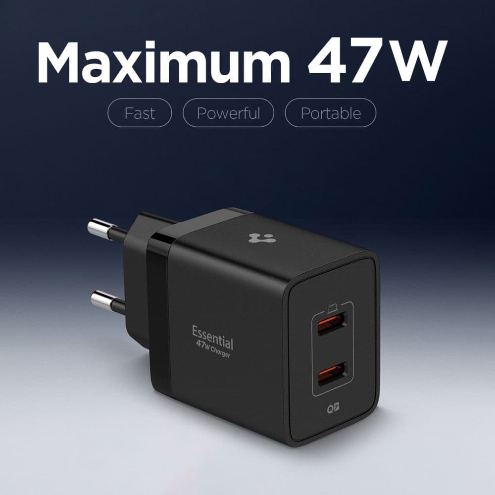 Spigen – nástěnná nabíječka Essential (EE472EU) – 2× typ C, rychlé nabíjení, Quantum Boost, 47 W – černá - náhled 4