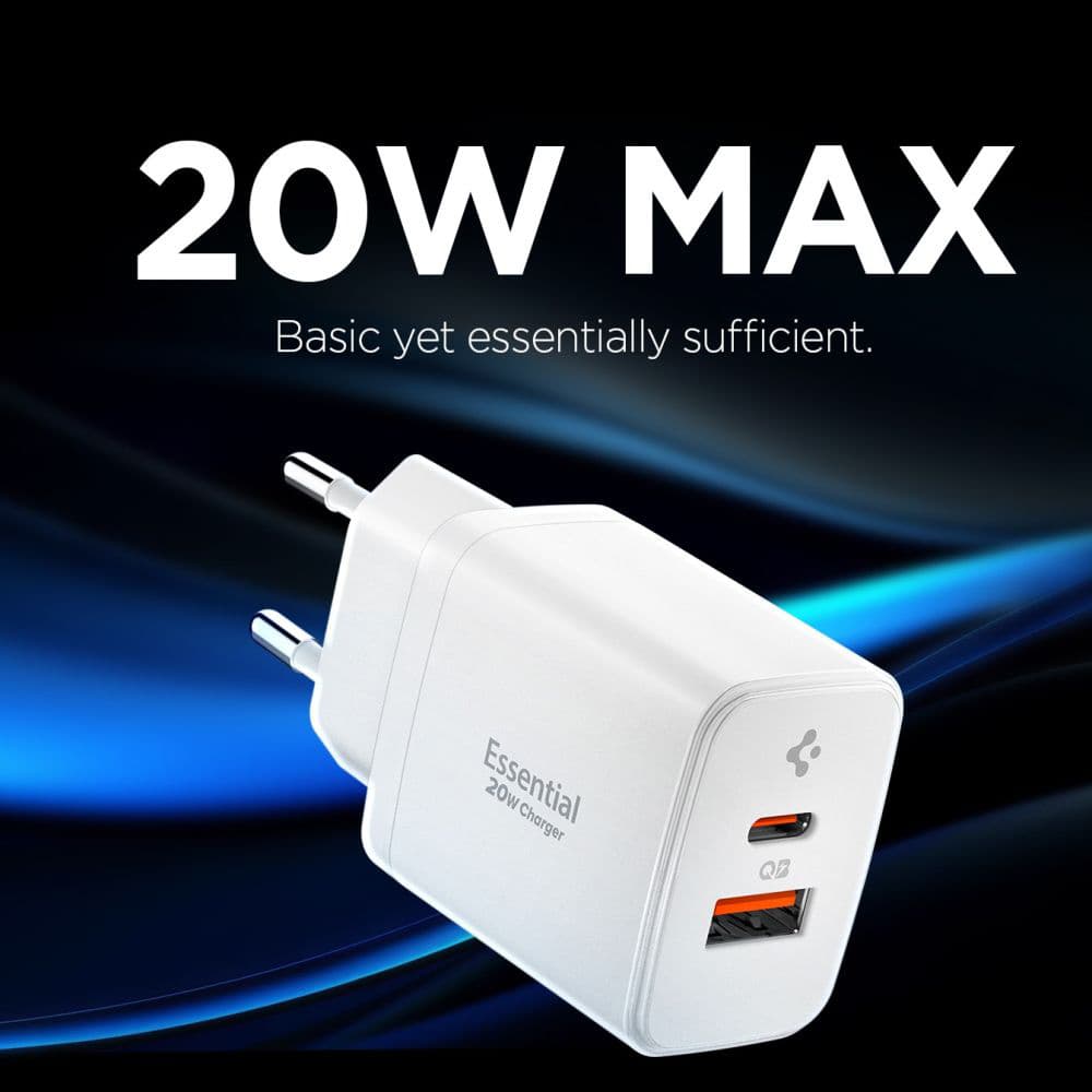 Spigen – nástěnná nabíječka Essential (EE202EU) – USB, Type-C, rychlé nabíjení, Quantum Boost, 20W – bílá - náhled 4