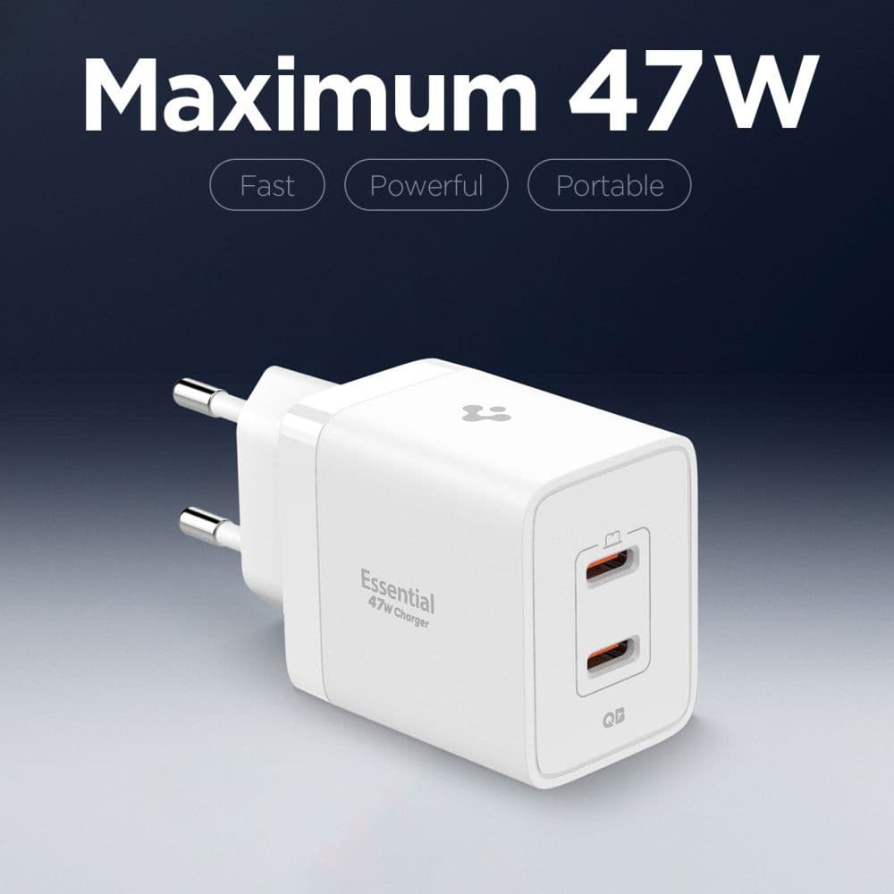 Spigen – nástěnná nabíječka Essential (EE472EU) – 2× Type-C, rychlé nabíjení, Quantum Boost, 47W – bílá - náhled 4