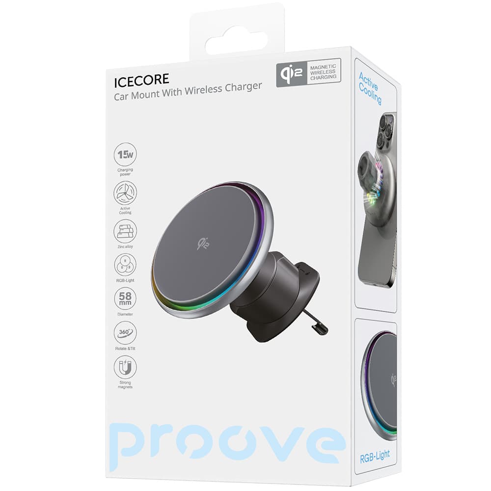 Proove - držák do auta s bezdrátovým nabíjením Icecore (WHIC15002003) - do mřížky ventilace, silný magnet, aktivní chlazení, Qi2 15 W - šedá - náhled 4