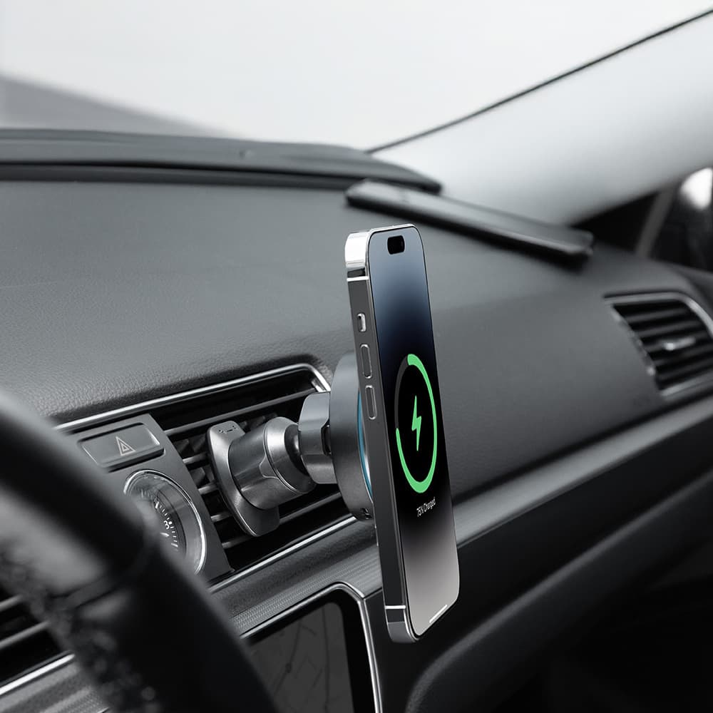 Proove - držák do auta s bezdrátovým nabíjením světelný kruh (WHLC15010001) - MagSafe, do mřížky ventilace, 360°, 15W, modrá LED - černá - náhled 4