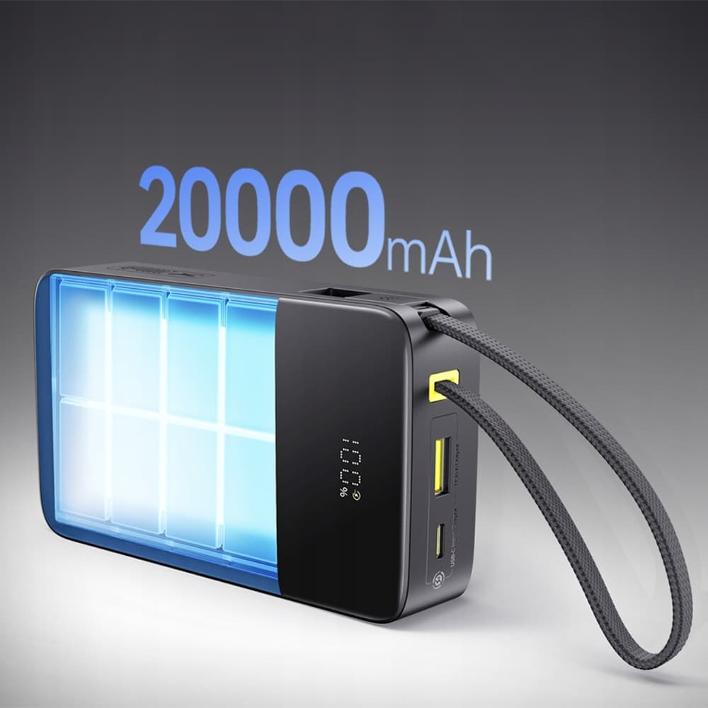 Baseus – powerbanka EnerFill Bipow2 Pro (E0027701) – vestavěný USB-C kabel, 20000 mAh, 22,5 W, digitální displej – Cosmic Black - náhled 4