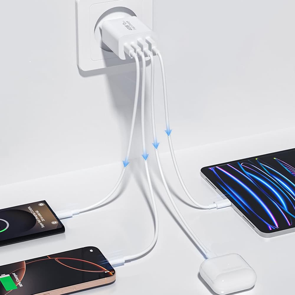 Techsuit - prémiová nástěnná nabíječka PowerXQuad (CH4) - 2x PD20W Type-C, 2x USB 3.1A, super rychlý cestovní adaptér 40W - bílá - náhled 4