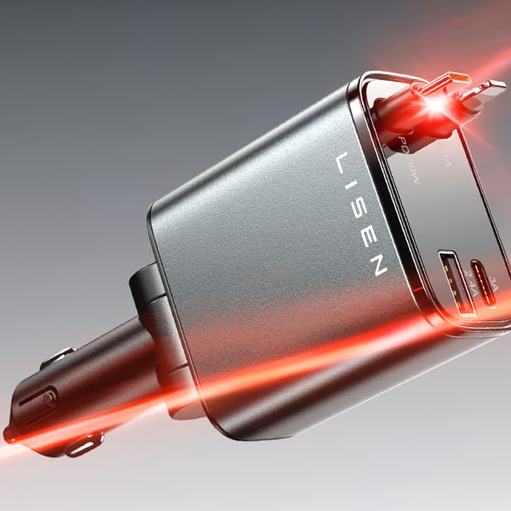 Lisen - nabíječka do auta (YL0224040031) - 4v1, USB, Type-C, se zatahovacím kabelem USB-C a Lightning, hliníková slitina - černá - náhled 4