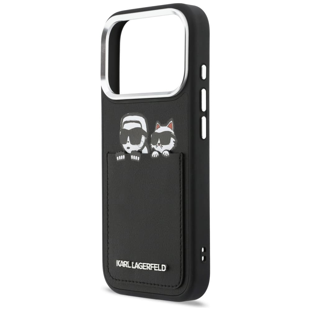 Karl Lagerfeld - Pevné kožené pouzdro s potiskem K&amp;C a kapsou (KLHCP17L6PCSPKCK) - iPhone 17 Pro - černá - náhled 4