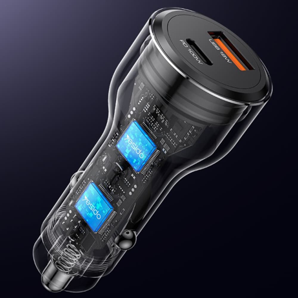 Yesido - Autonabíječka (Y65) - Dva porty USB-A + Type-C, PD100W, Slitina hliníku, Super rychlé nabíjení - Černá - náhled 4