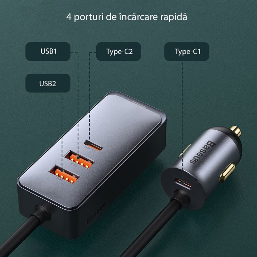 Baseus - nabíječka do auta Share Together (CCBT-A0G) - rozbočovač, 2x USB, 2x Type-C, rychlé nabíjení, 120 W - šedá - náhled 4