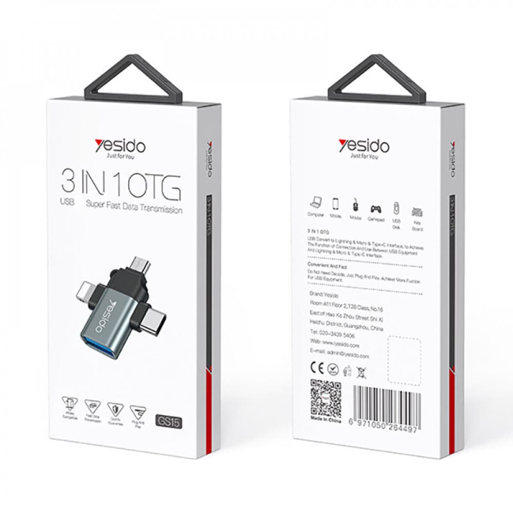 Yesido - OTG Adaptér (GS15) - USB na Lightning, Micro-USB, Type-C, Plug &amp; Play, 480Mbps - Černá - náhled 4
