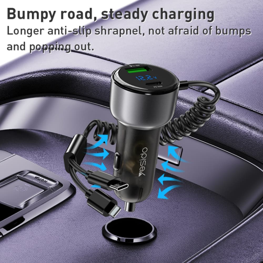 Yesido Y58 Nabíječka do auta USB Type-C kabely Lightning Type-C 60W Šedá - náhled 4