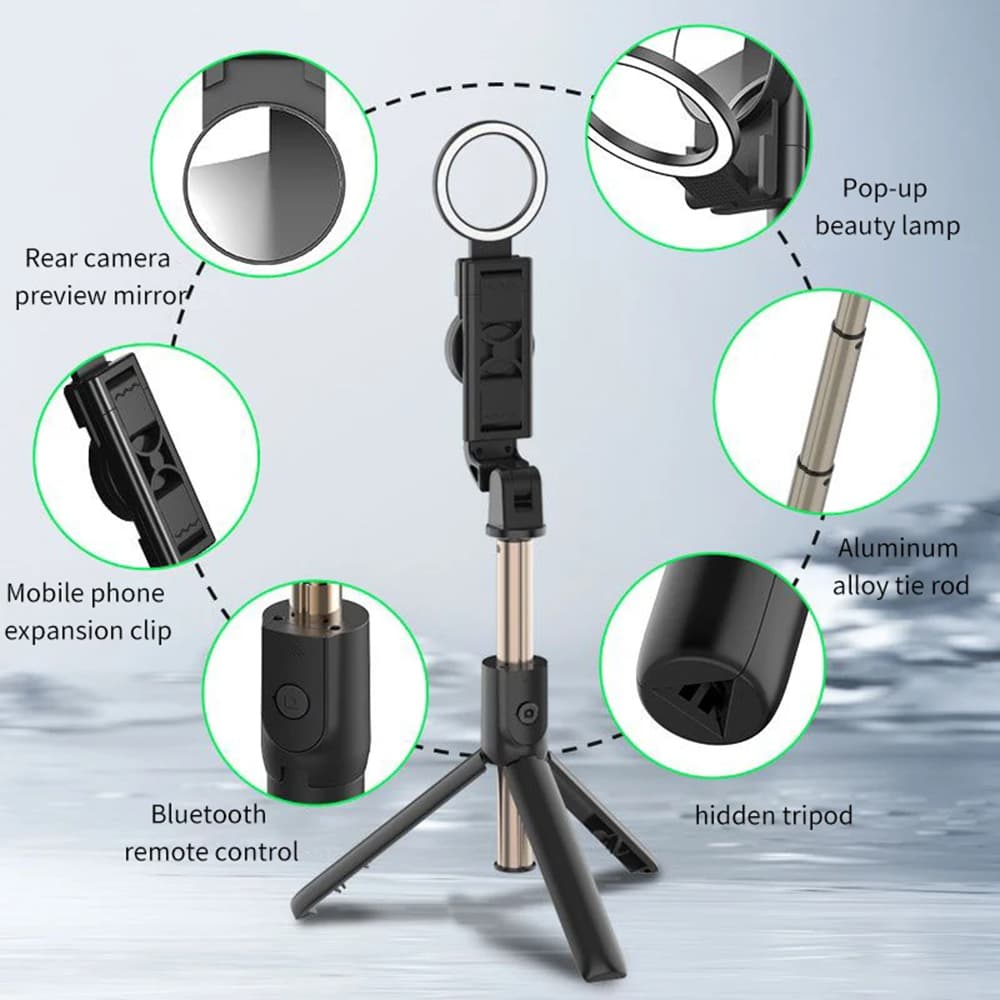 Techsuit K13 Selfie tyč Bluetooth LED Stativ Skládací Černá - náhled 4