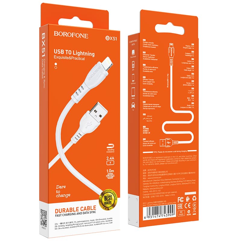 Kabel Borofone BX51 Triumph - USB na Lightning - 2,4A 1 metr bílý - náhled 4