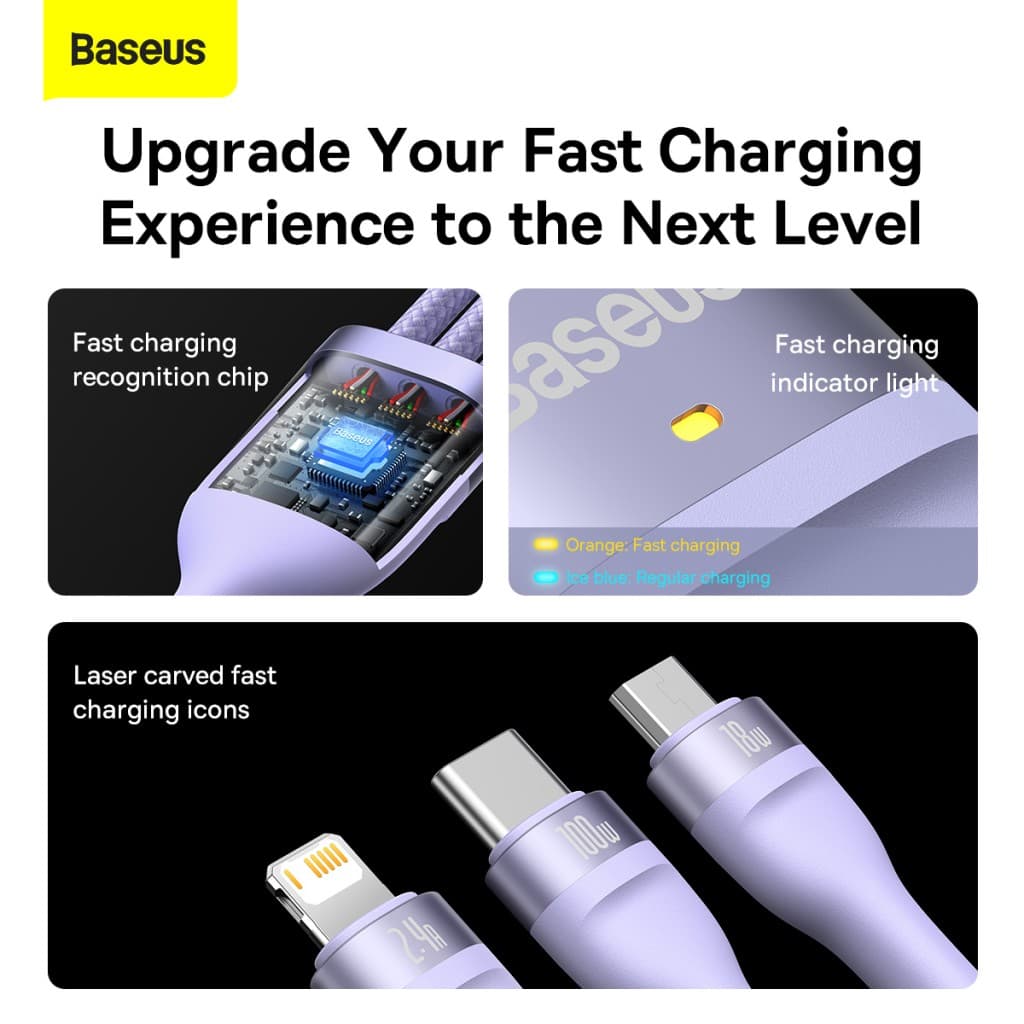 Kabel Baseus Flash Series II 3 v 1 - USB na Type C, Lightning, Micro USB - 100W 6A 1,2 metru (CASS030005) fialový - náhled 4