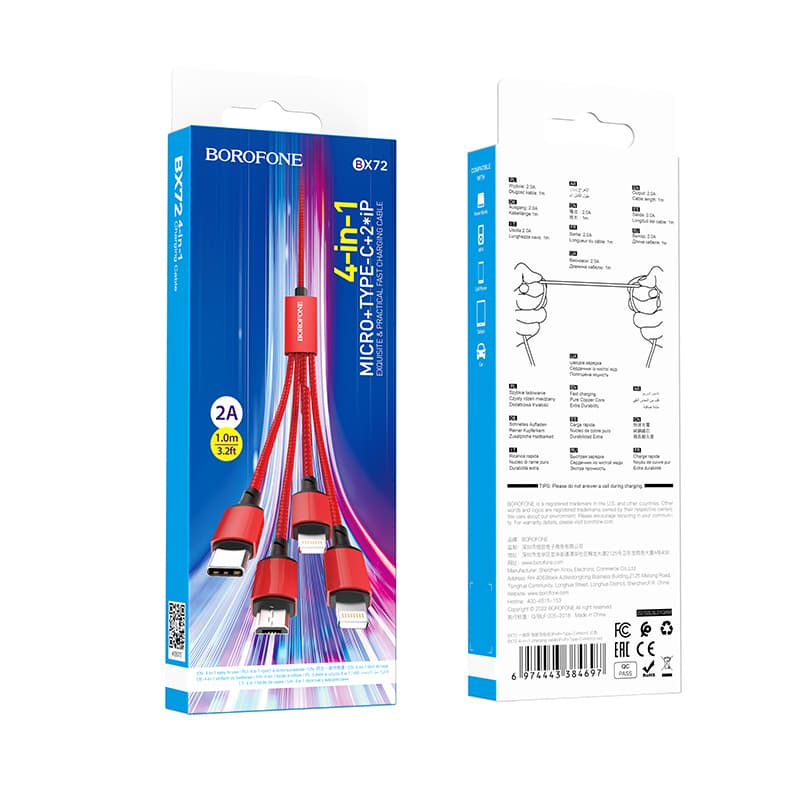 Borofone kabel BX72 4 v 1 - USB na Type C, Micro USB, 2xLightning - 2A 1 metr červený - náhled 4
